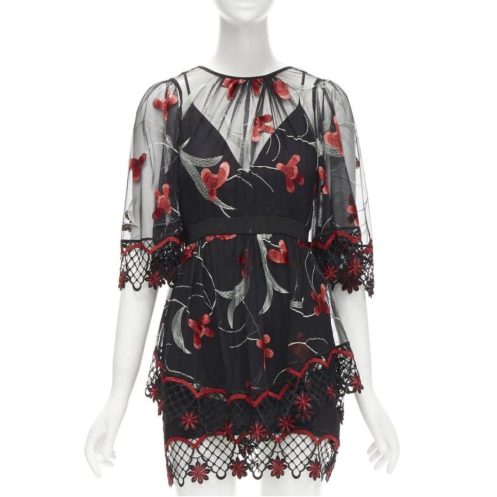 ALICE MCCALL WISH YOU WERE HERE BLACK RED GUIPERE LACE FLORAL TULLE DRESS US2 XS